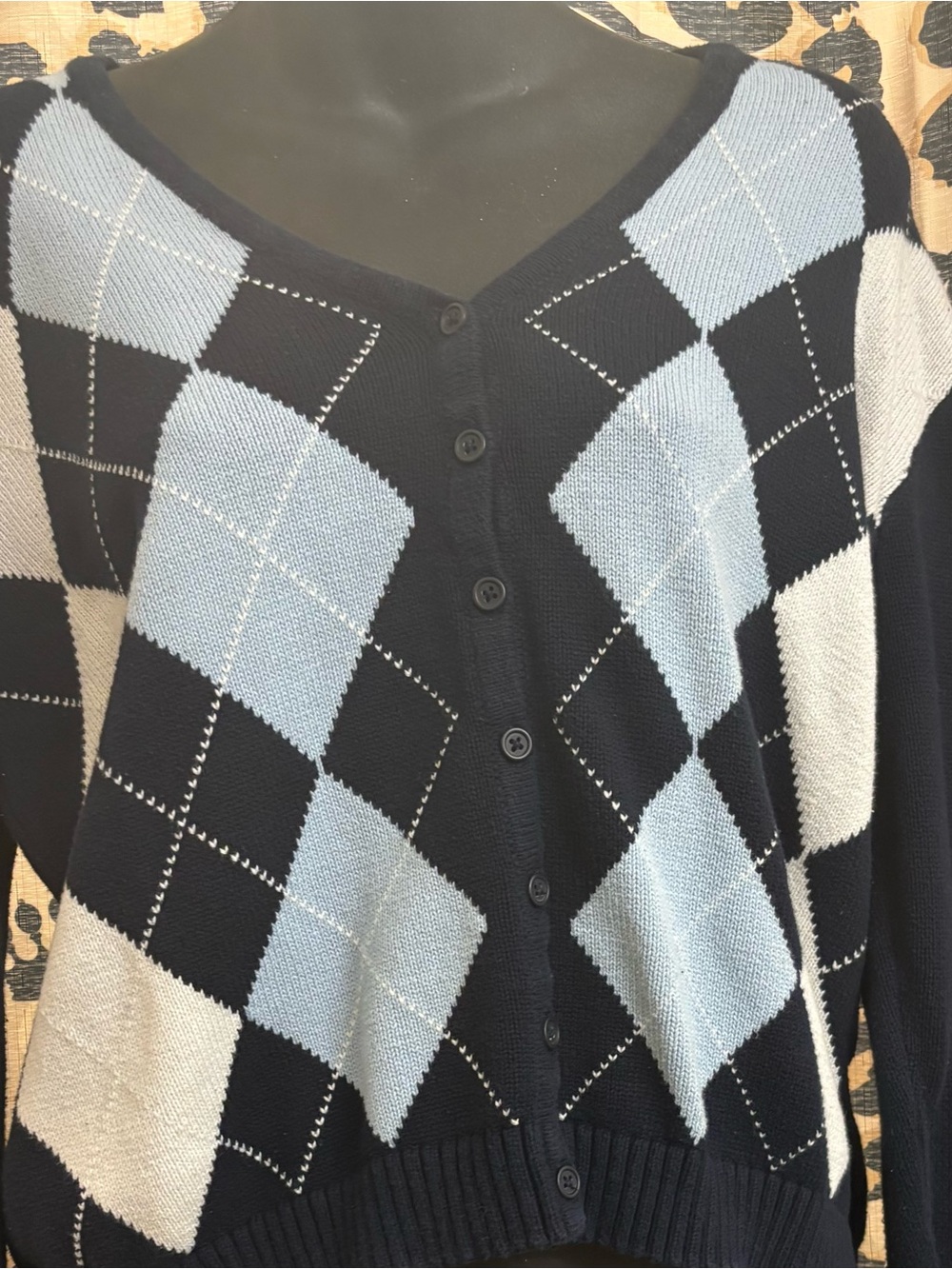 Brandy Melville Navy & Light Blue Argyle Button-Up Cardigan